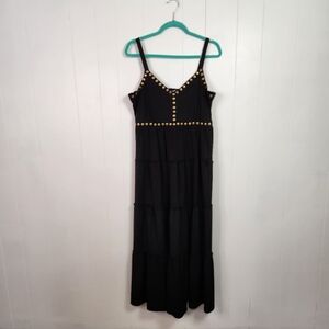 Penningtons Black Gold Studded Tiered Maxi Dress Empire Waist Stretchy Boho 0X
